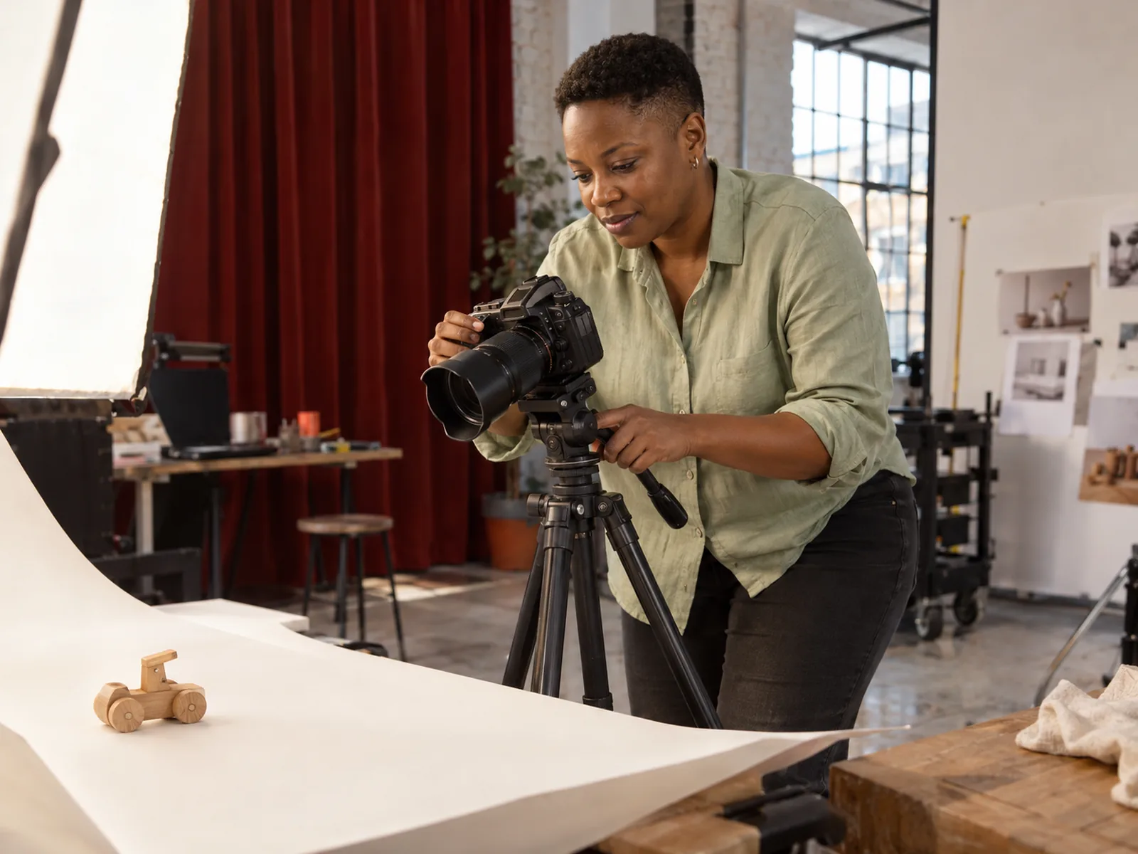 Woman adjusting a camera on a tripod to photograph a wooden toy on a white backdrop