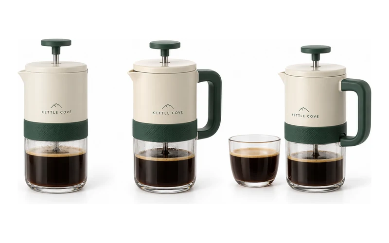 Example set of three coffee press product photos on a white background