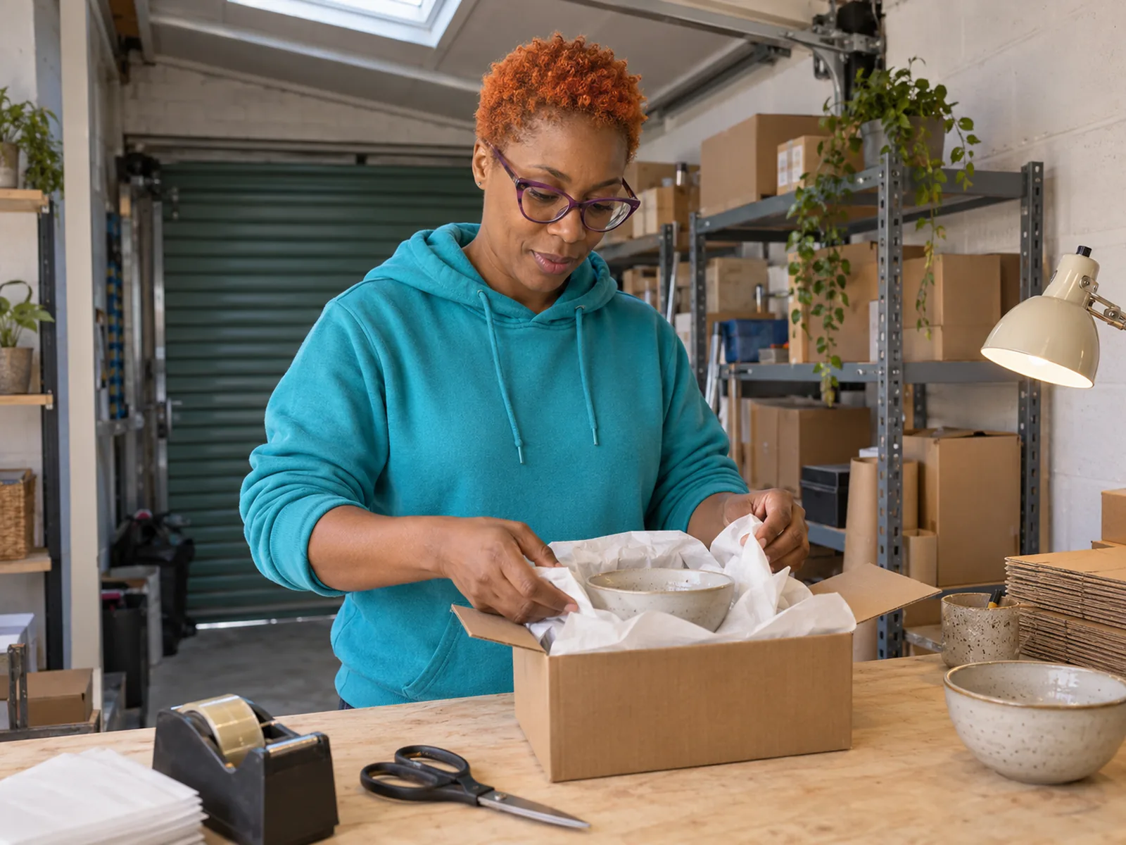 Woman in a turquoise hoodie packing a cardboard parcel at a bench in a garage stockroom