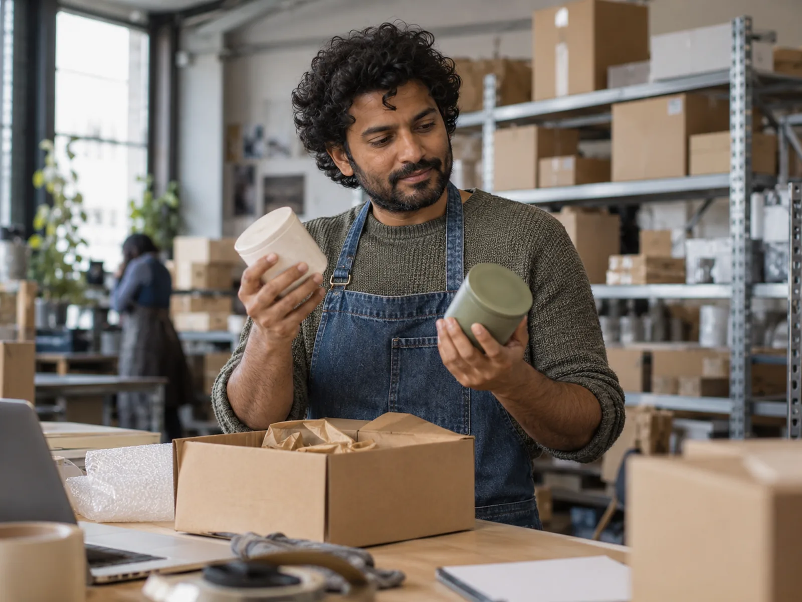 Man in a denim apron comparing two product samples at a warehouse packing bench