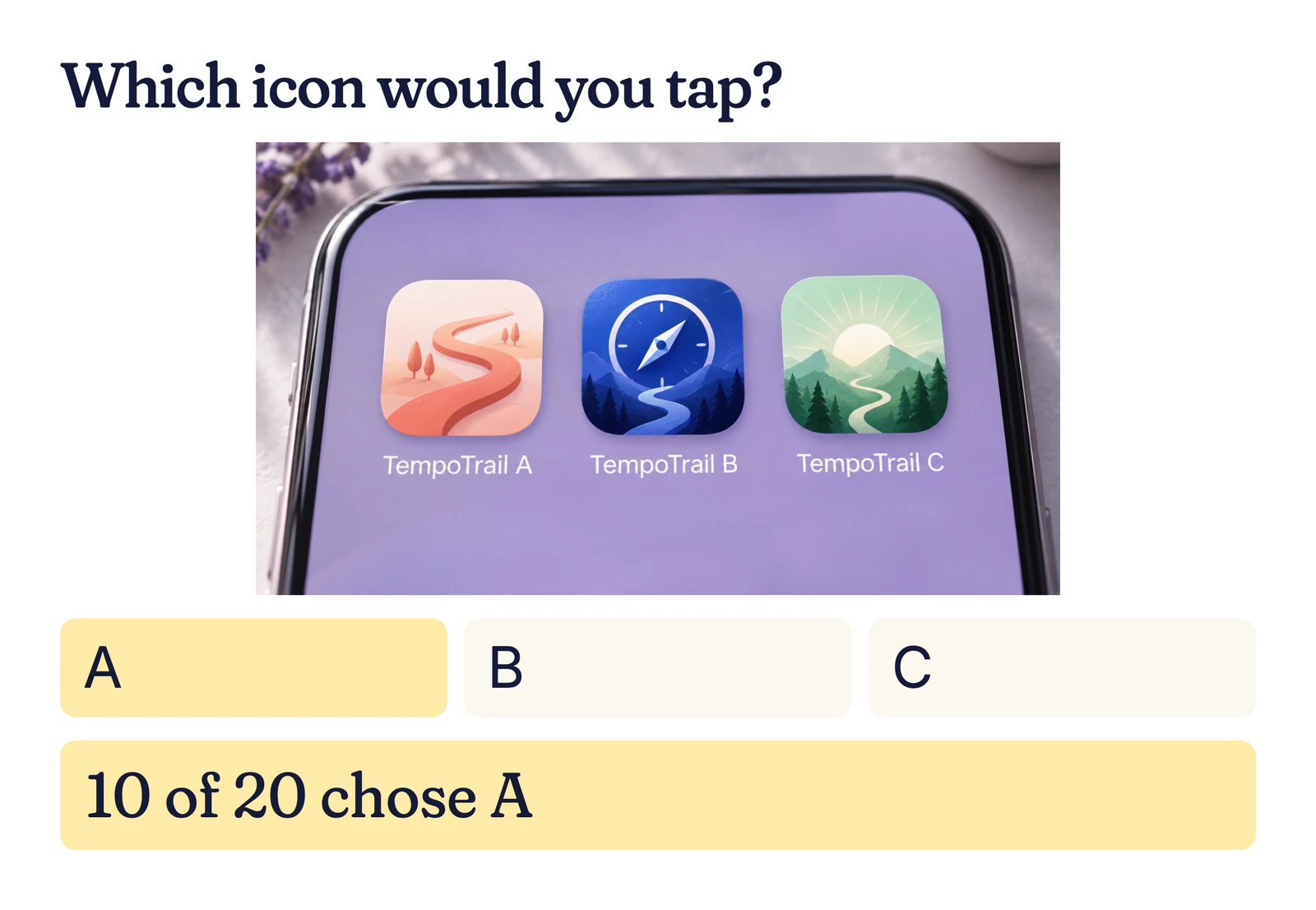 Example app icon test: three TempoTrail icons on a phone screen, a trail, a compass and hills; 10 of 20 chose A
