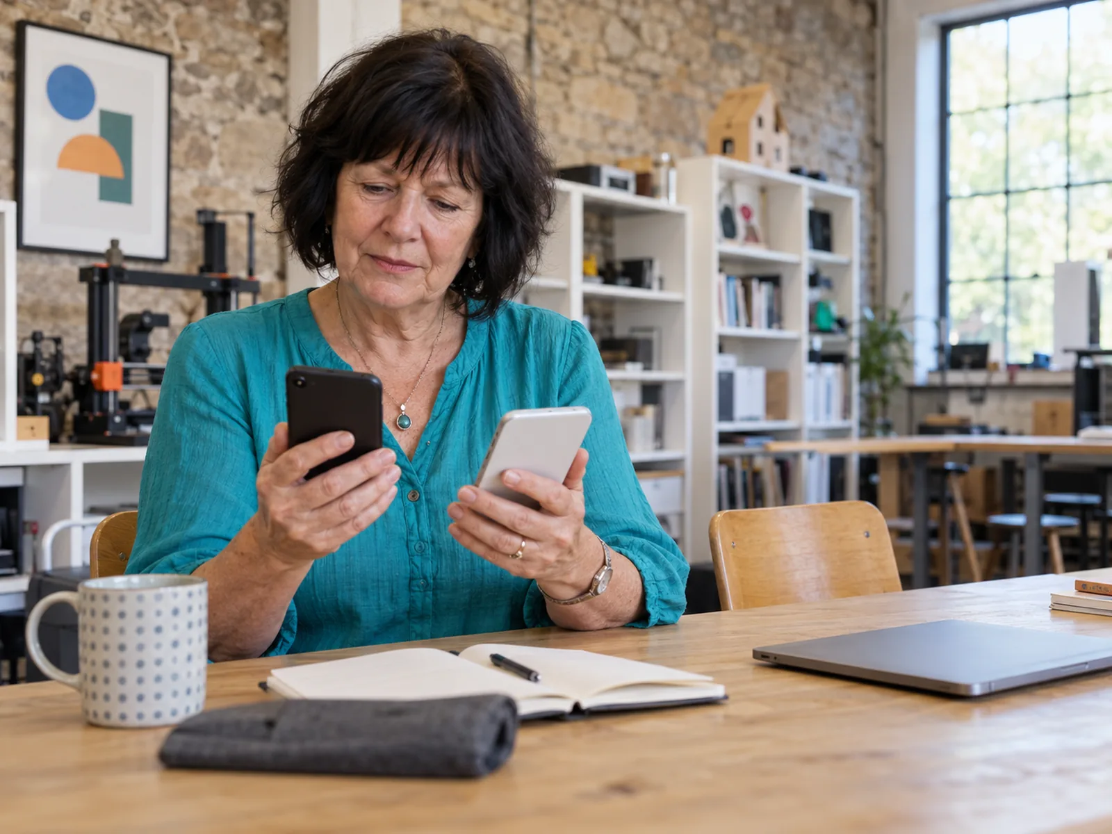 Woman with a dark bob holding two phones at a table in a workshop with stone walls