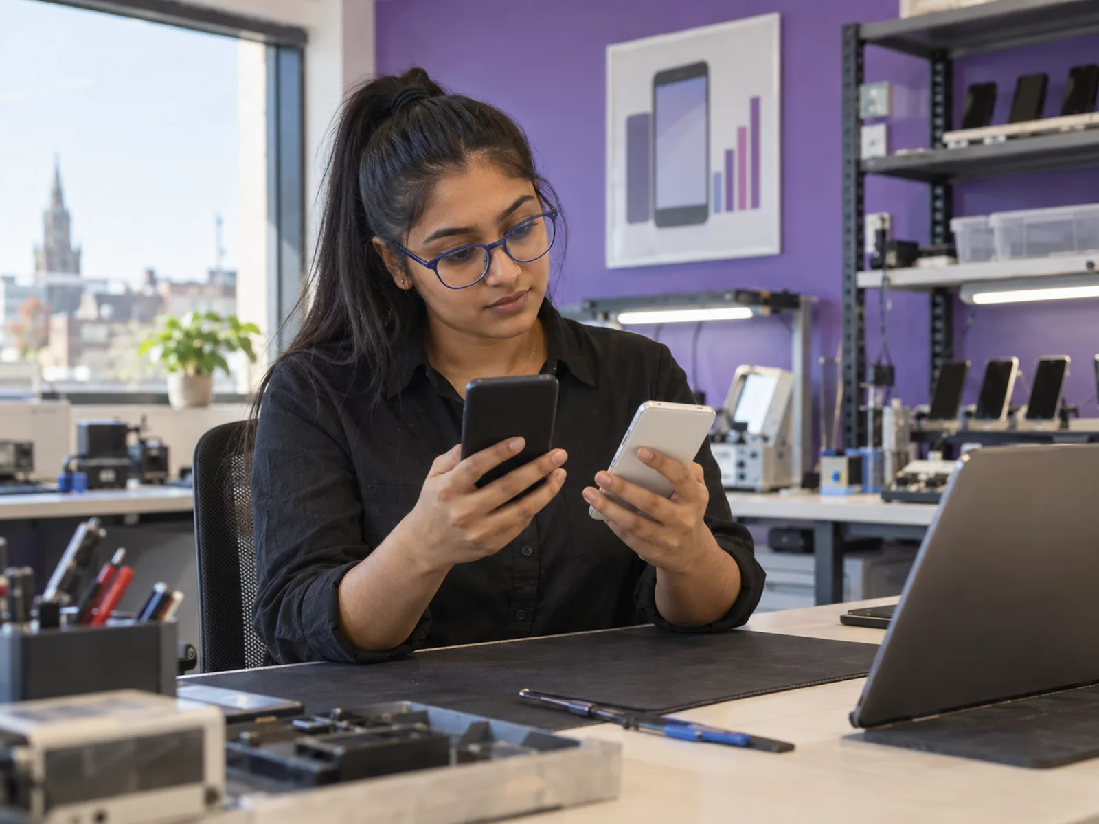 Woman in cobalt glasses comparing two phones at a workbench with a purple wall