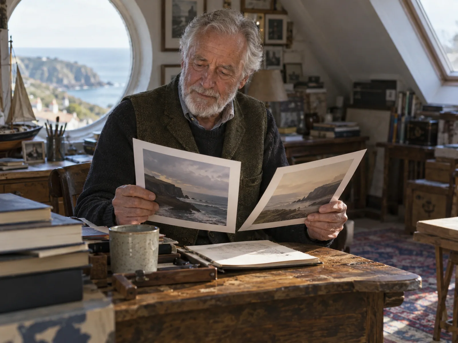 Older man with a silver beard holding two cover proofs at a desk by a round window