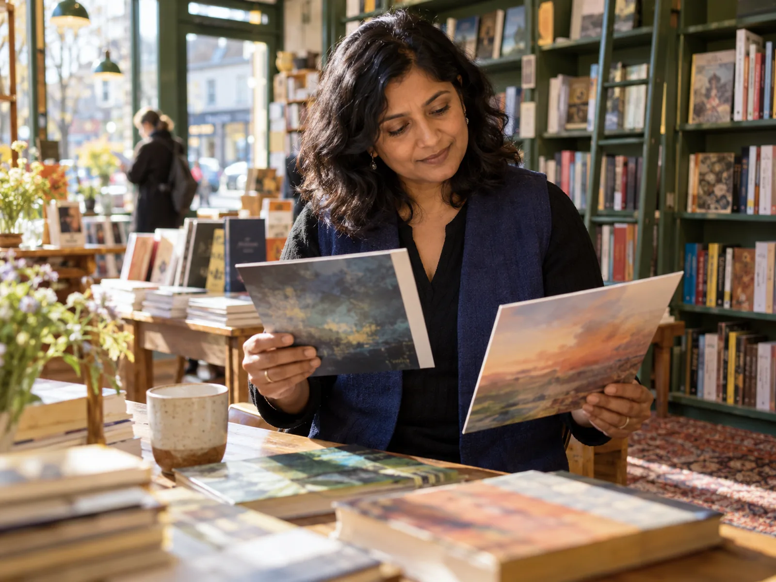Woman in an indigo waistcoat comparing two printed cover proofs in a bookshop