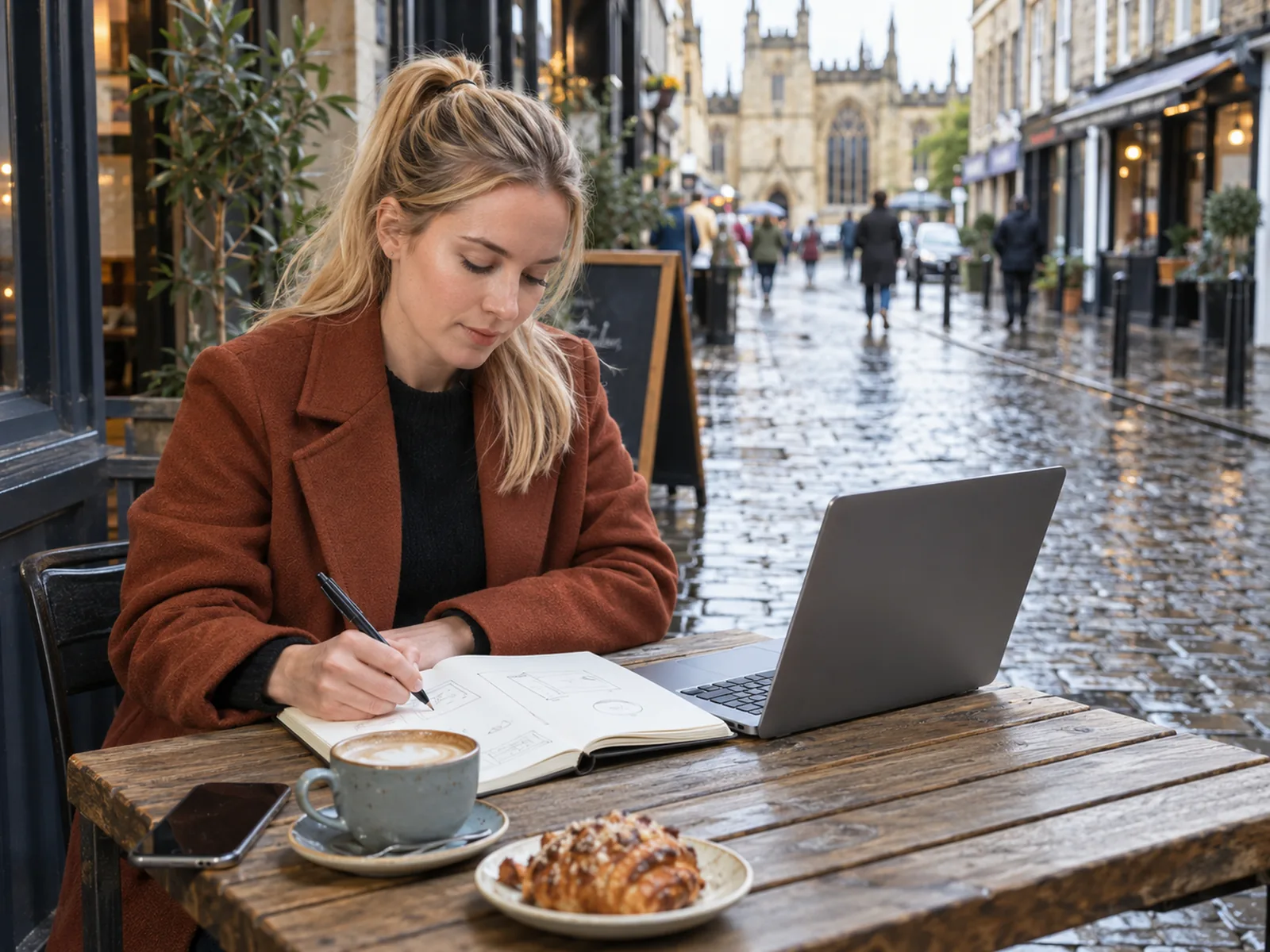 Woman in a copper coat writing in a notebook beside a laptop at a café table on a wet street