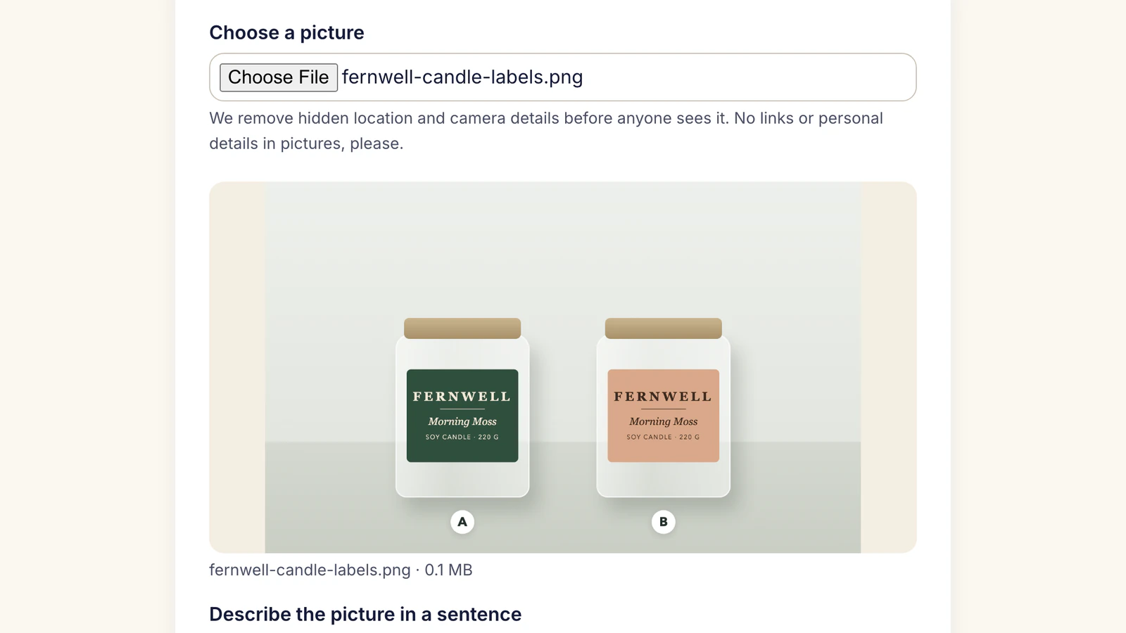 Ask screen with an uploaded image showing two Fernwell candle jars, A with a green label and B with a clay label