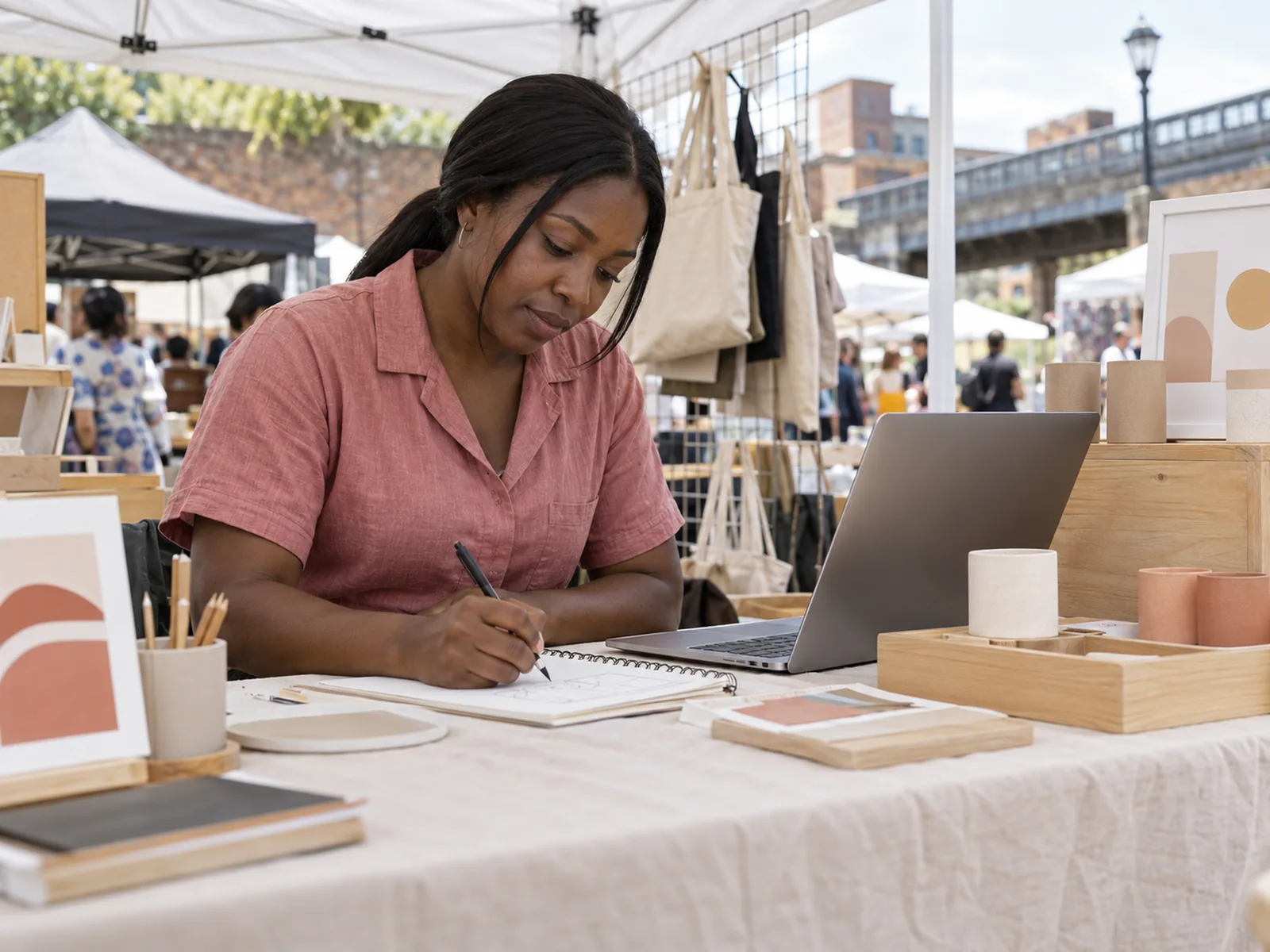 Woman in a pink jumpsuit sketching beside a laptop at a market stall under a white canopy