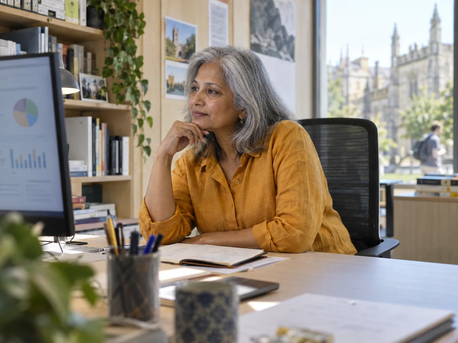 Woman with silver hair in a saffron shirt studying charts on a monitor in a research office