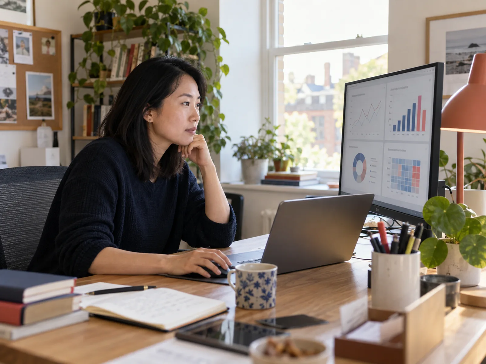 Woman with dark hair reading charts on a monitor beside a laptop at a desk