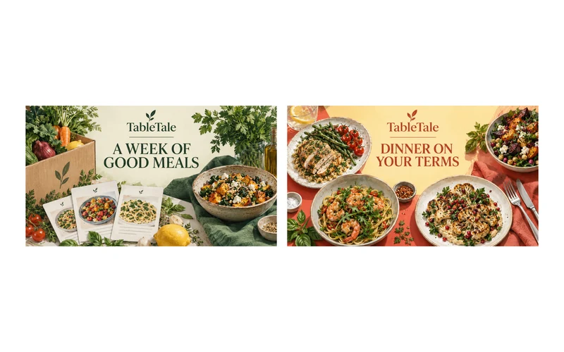 Example pair of meal-planning concept boards with photographed food