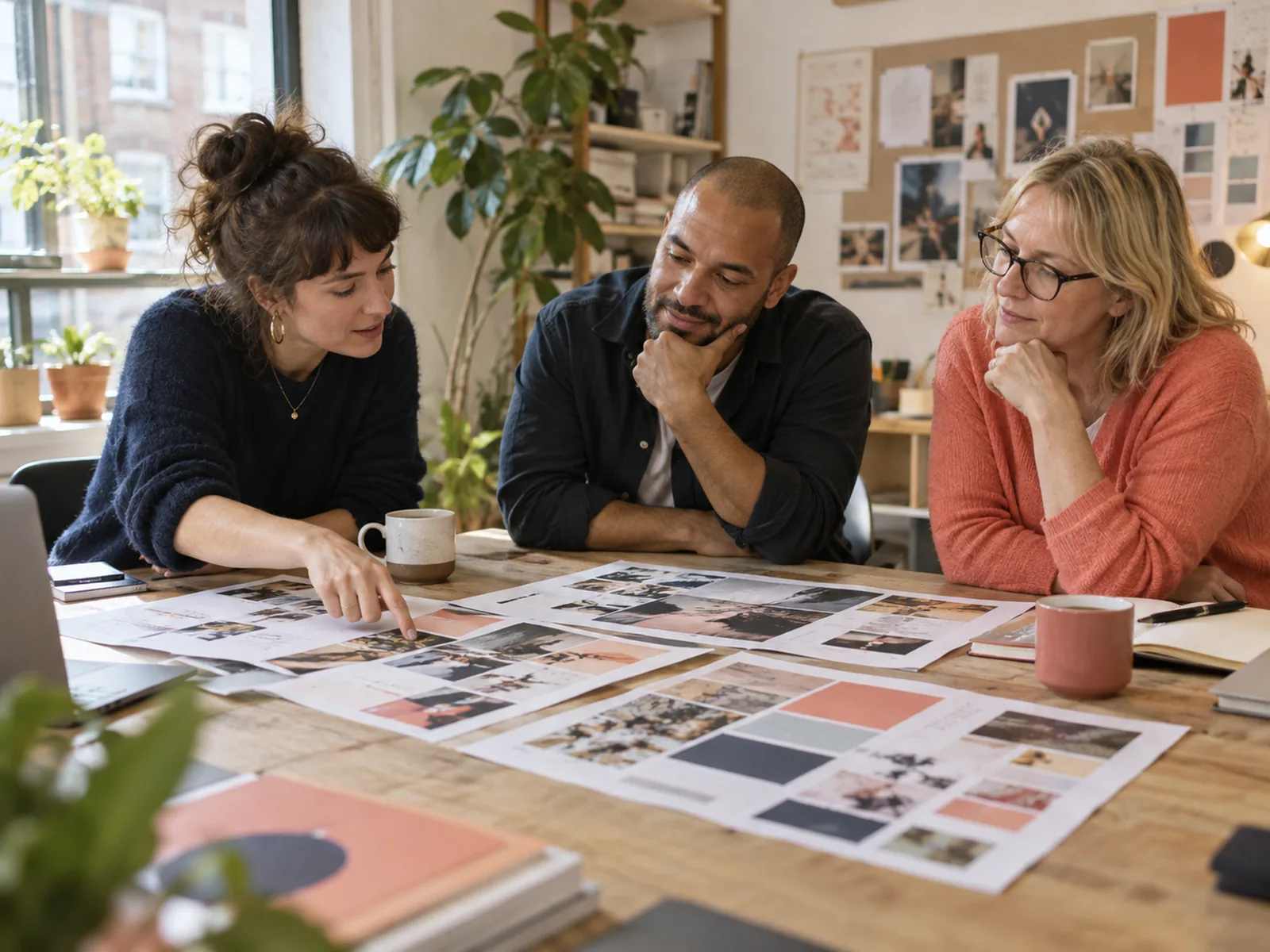 Three people reviewing printed concept boards spread across a table