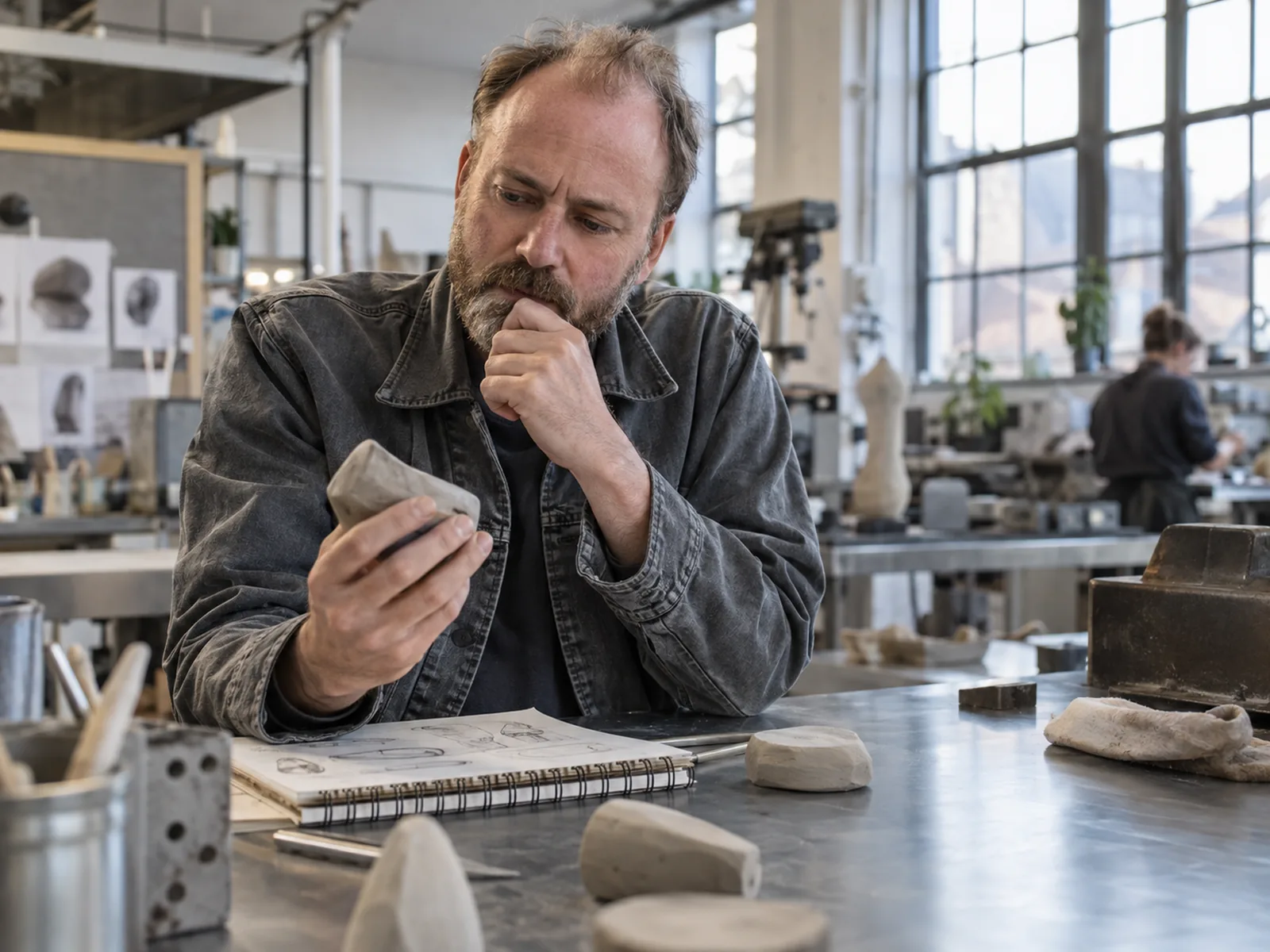 Man with a sandy beard studying a small rough prototype in a workshop