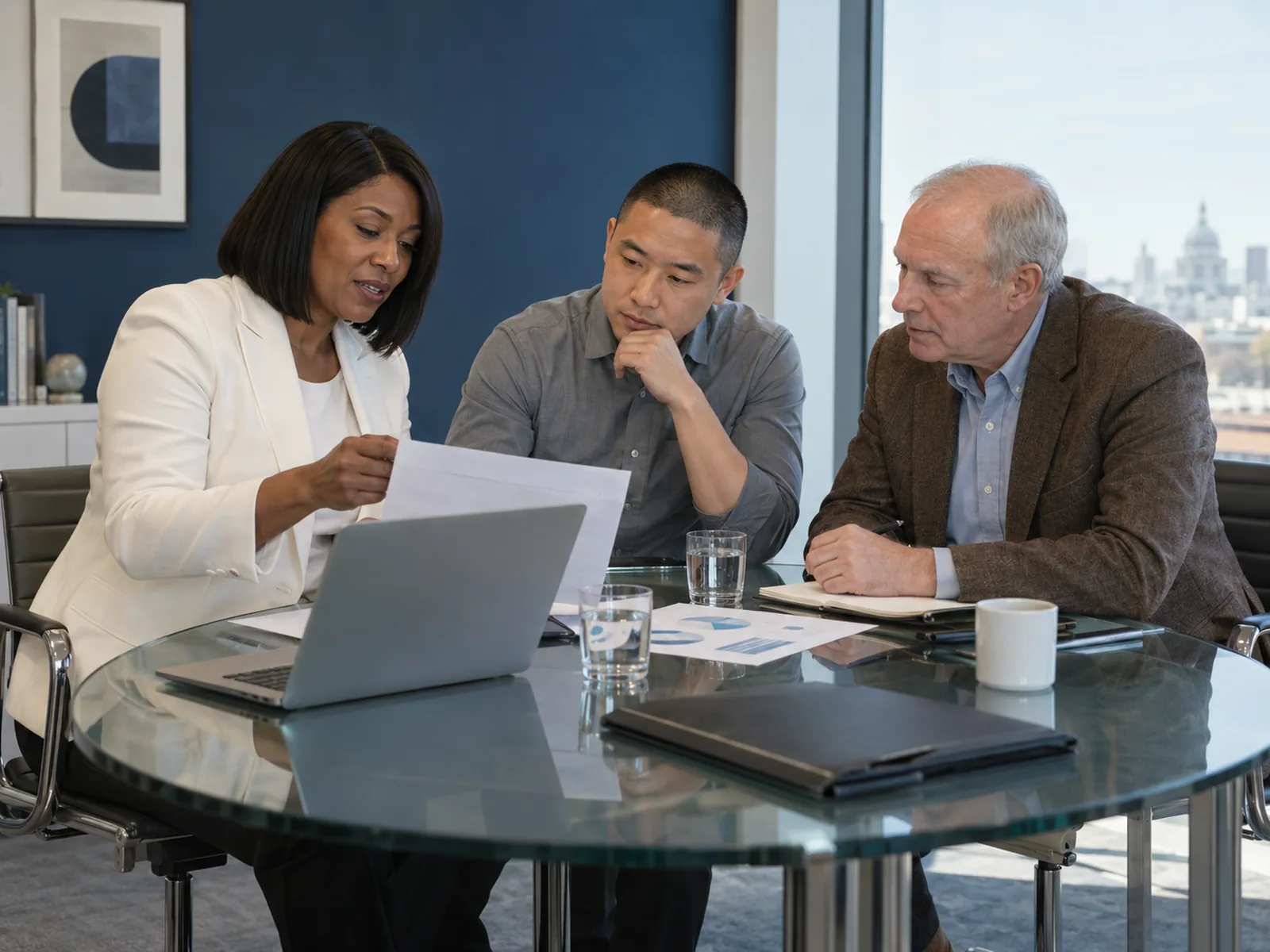 Three colleagues reviewing papers and a laptop at a glass table in a blue meeting room