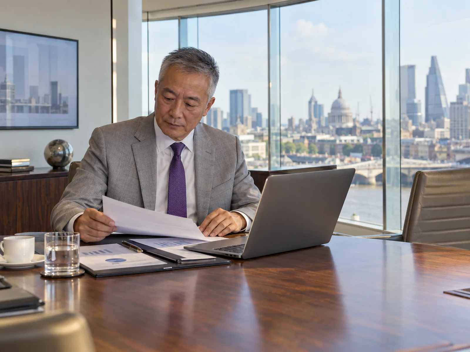 Man in a grey suit and purple tie reading documents beside a laptop in a glass-walled boardroom