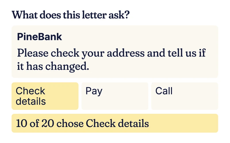Example PineBank letter line asking customers to check their address