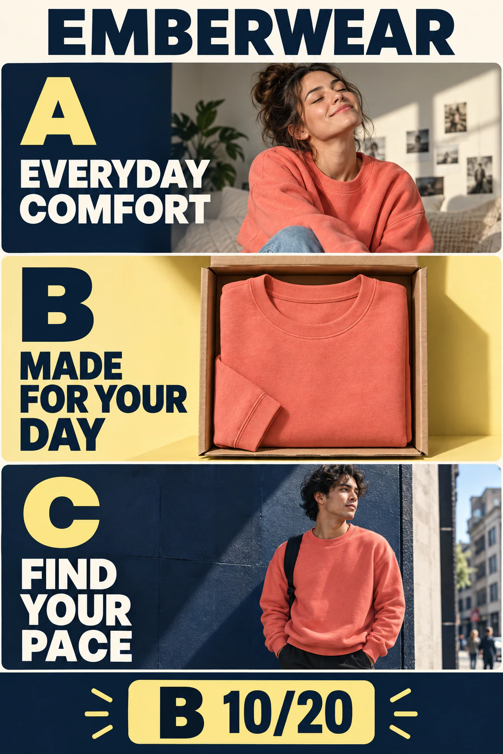 Example Emberwear social post A, sweatshirt packaging B and poster C; results A 6, B 10, C 4
