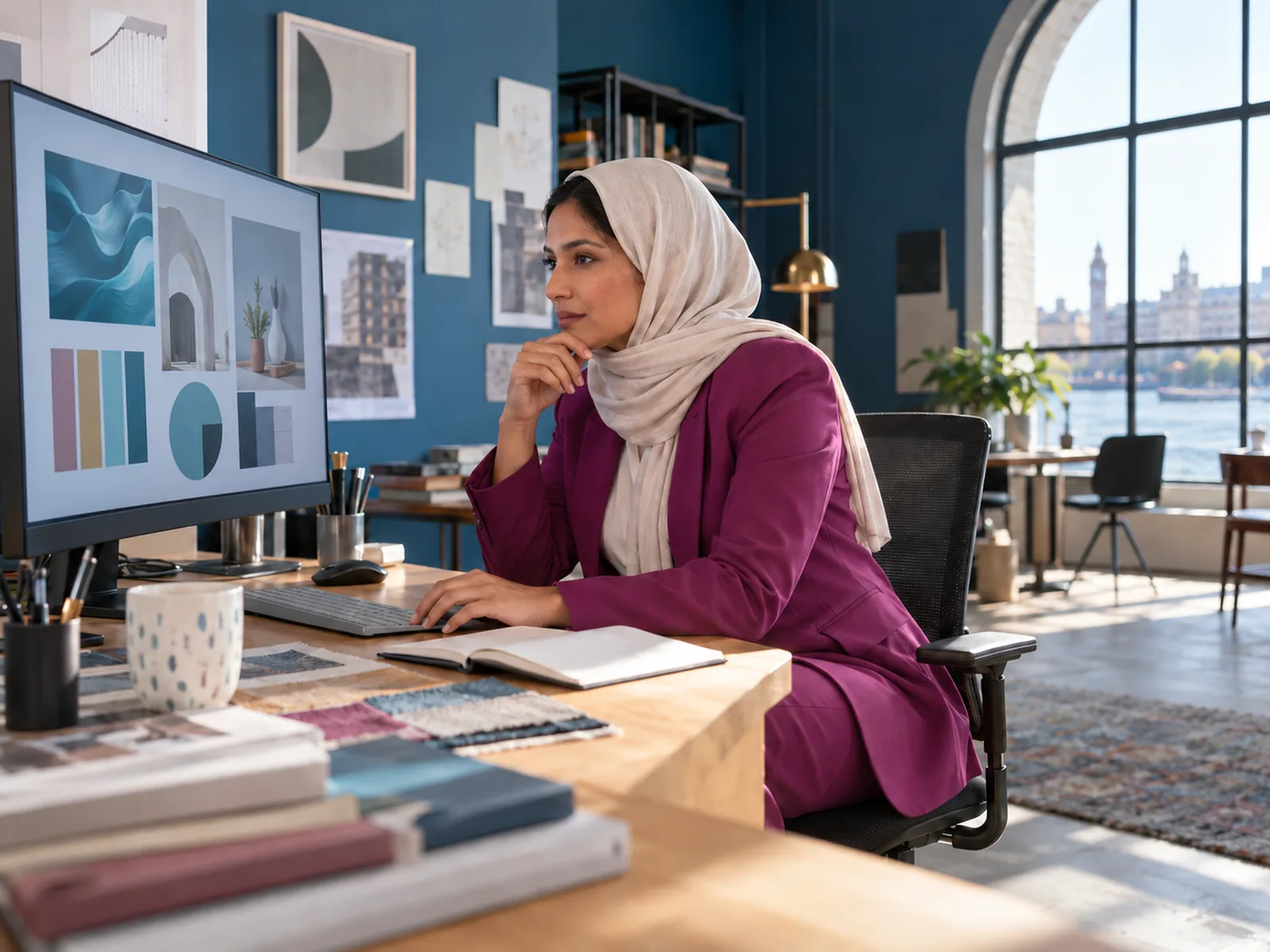 Woman in a pale headscarf and magenta suit reviewing designs on a large screen in a blue-walled studio