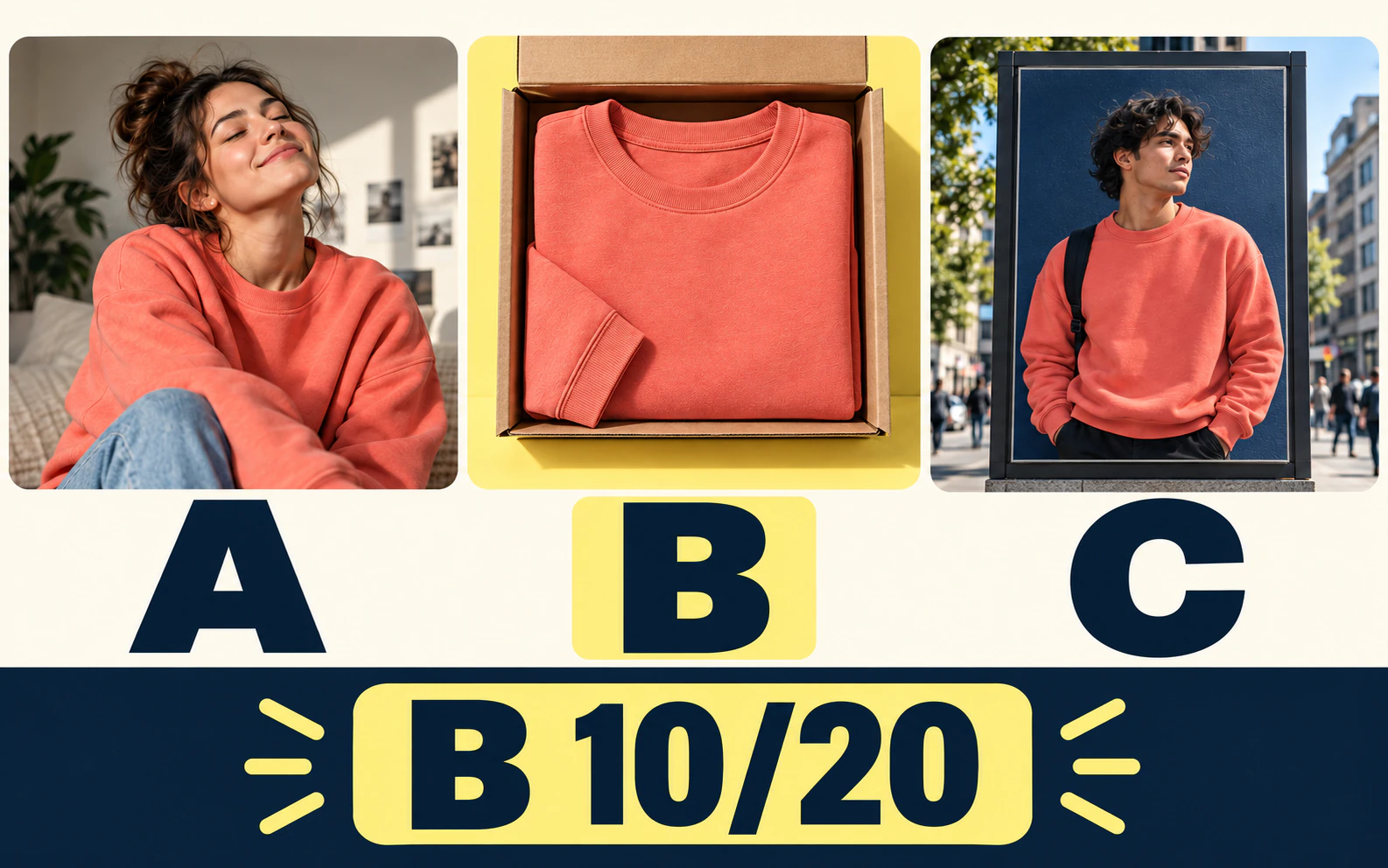 Example Emberwear social post, sweatshirt packaging and poster, with packaging B chosen by 10 of 20