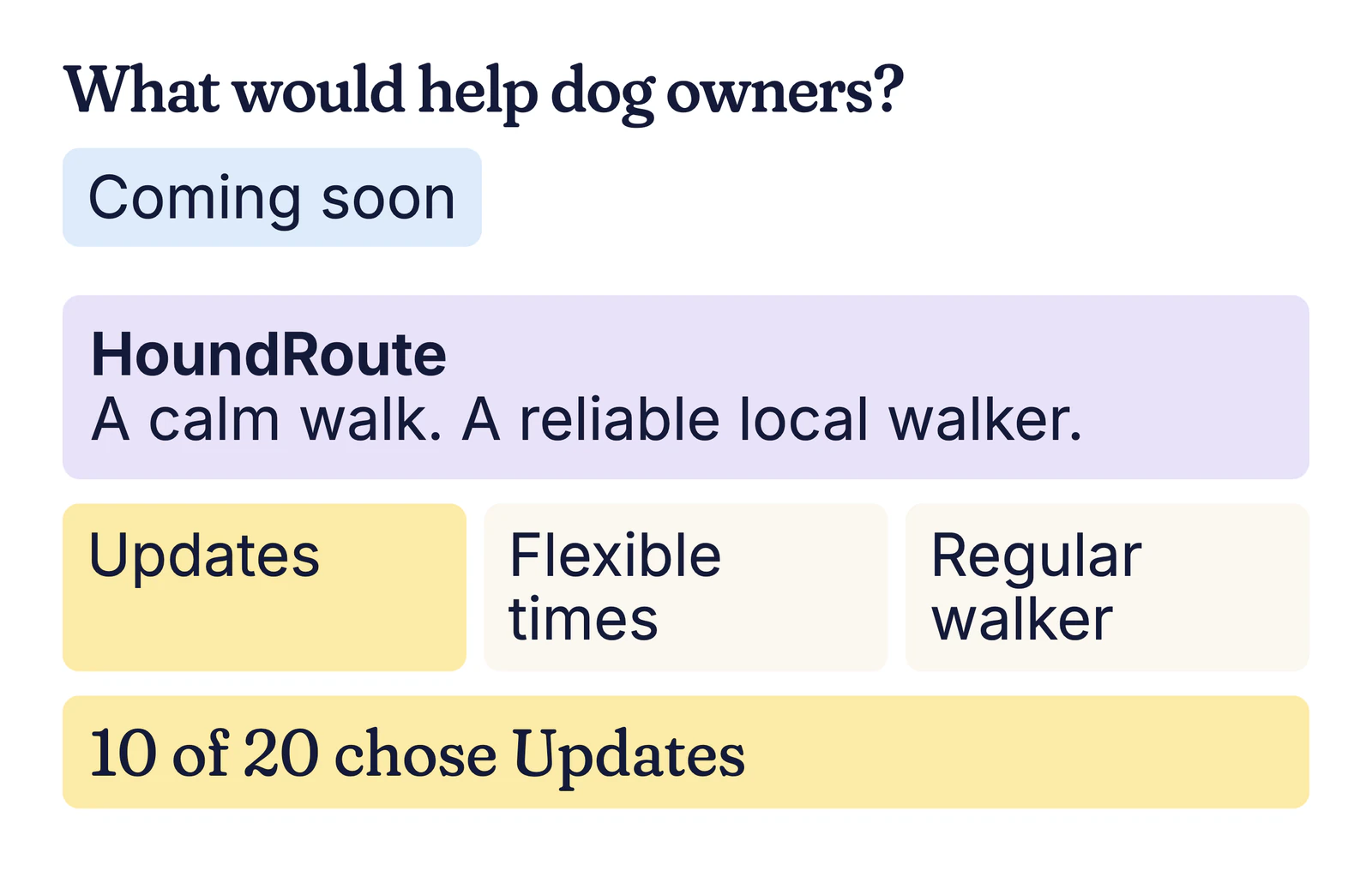 Example brief marked Coming soon: What would help dog owners? HoundRoute; 10 of 20 chose Updates