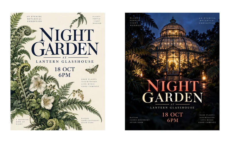 Example pair of Night Garden event posters, one light and one dark
