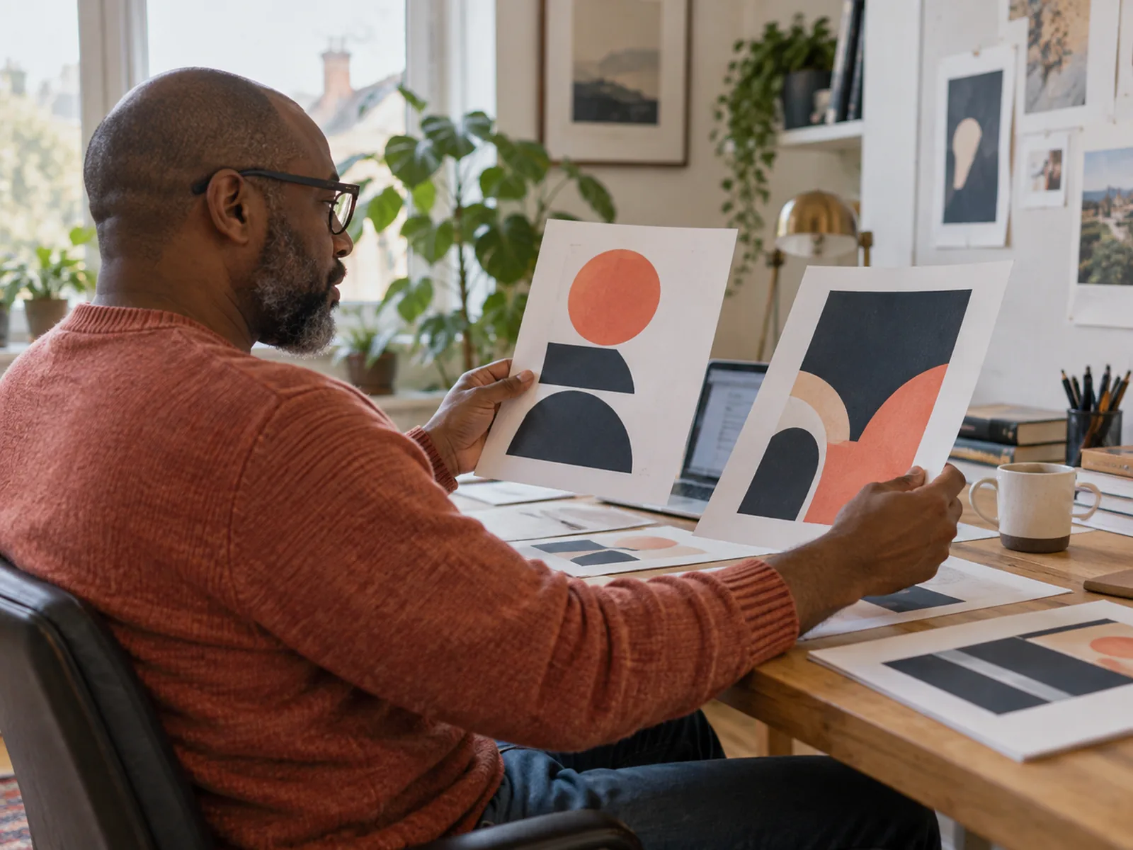Man with a grey beard holding two abstract poster prints at a desk
