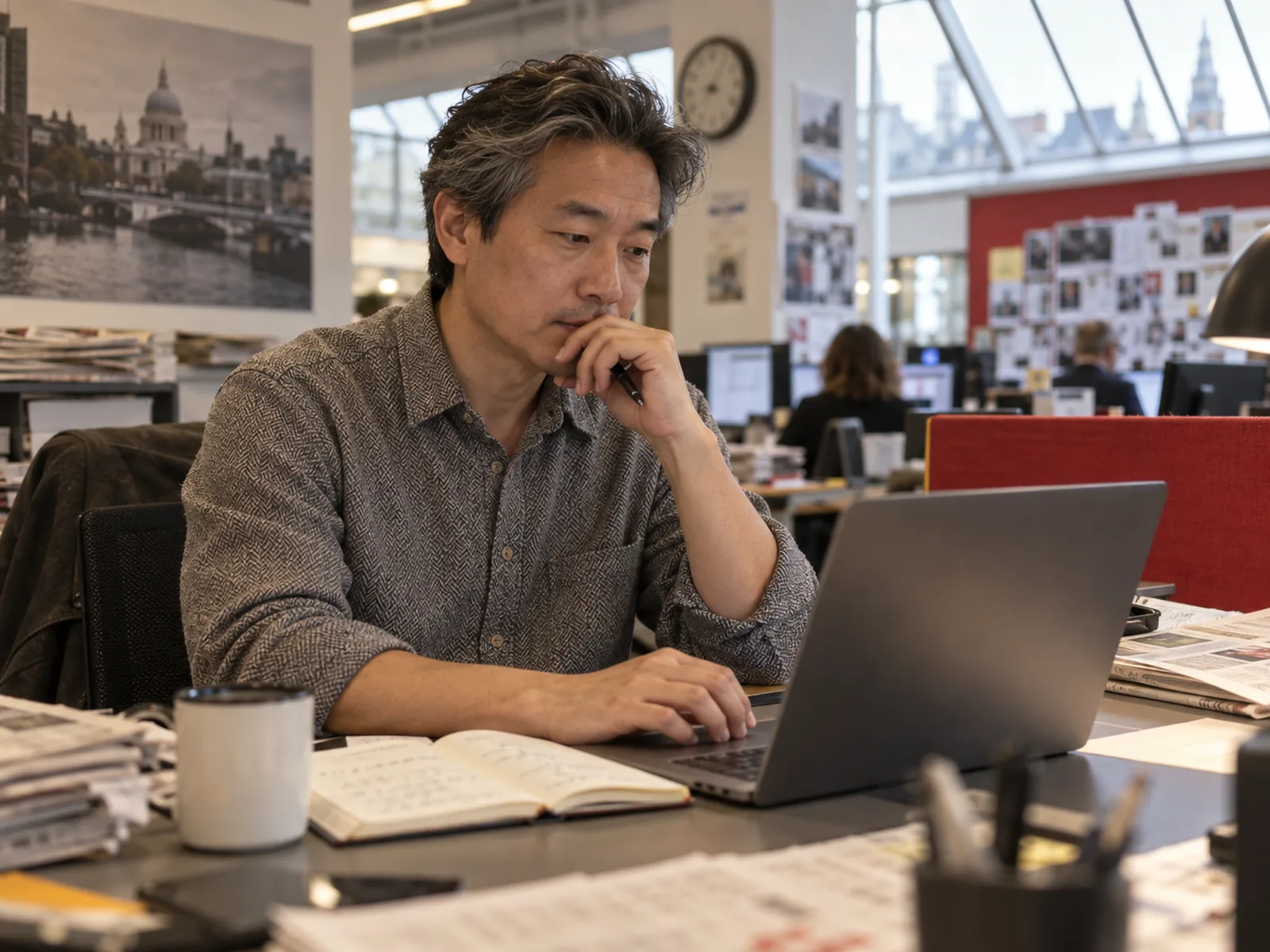 Man with swept-back grey hair reading a laptop beside a notebook in a newsroom