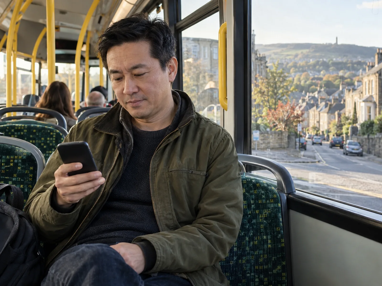 Man in an olive jacket looking at his phone on a bus with green patterned seats
