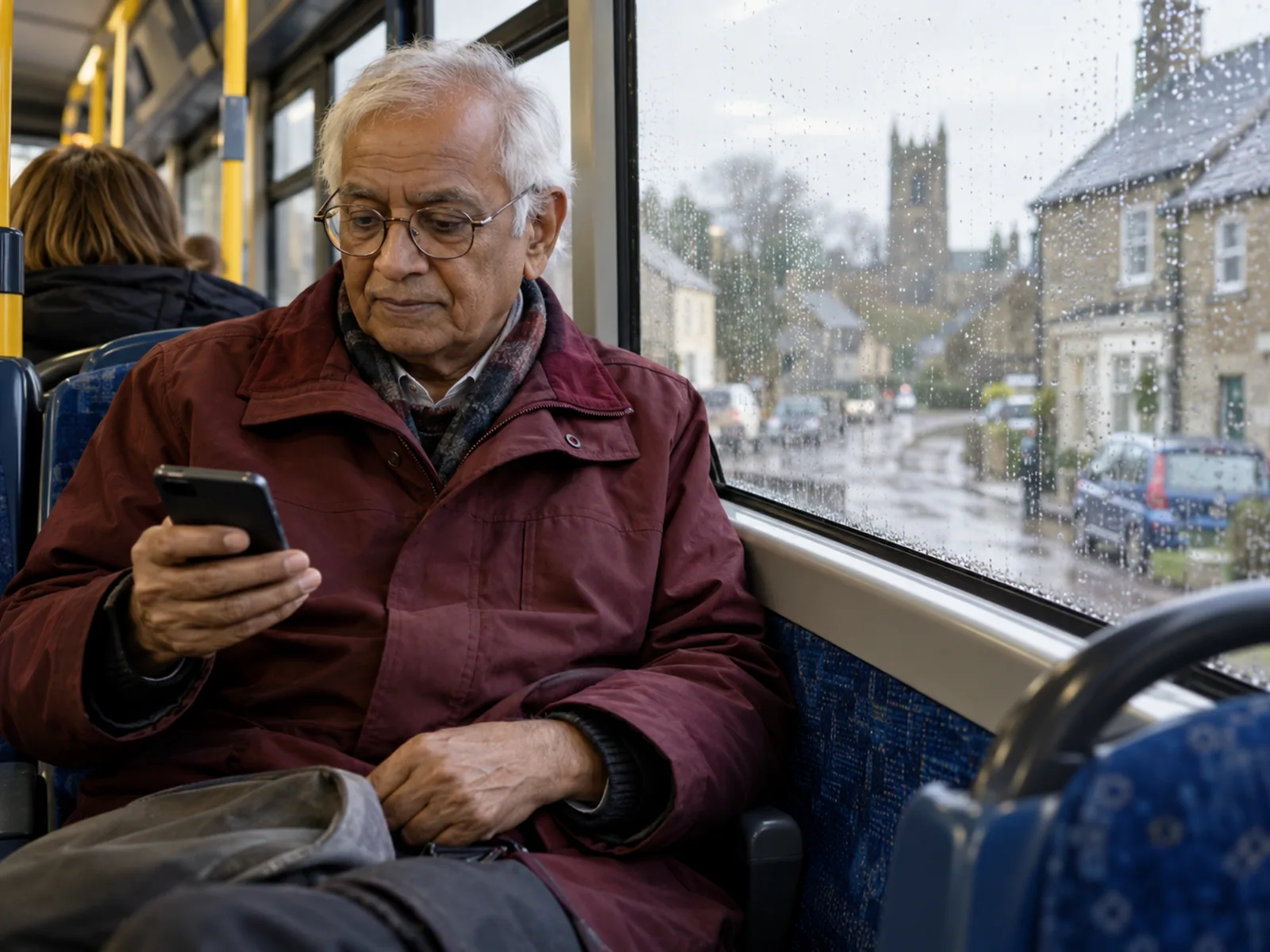 Older man in round glasses glancing at his phone on a bus with rain on the window