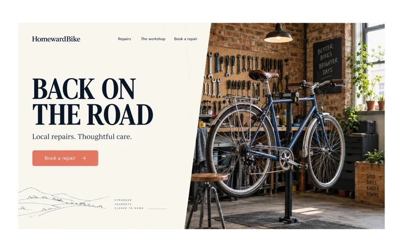 Example HomewardBike homepage reading Back on the road