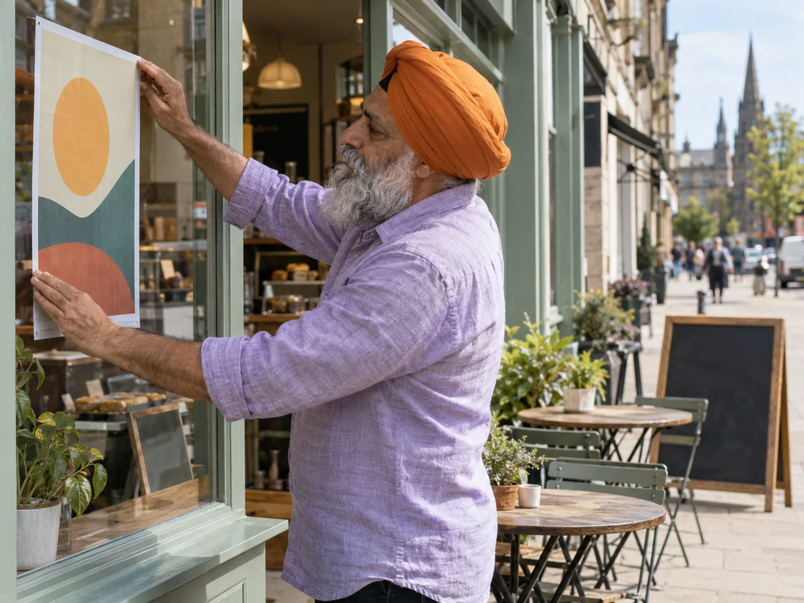 Man in an orange turban putting a poster up in a café window from the pavement
