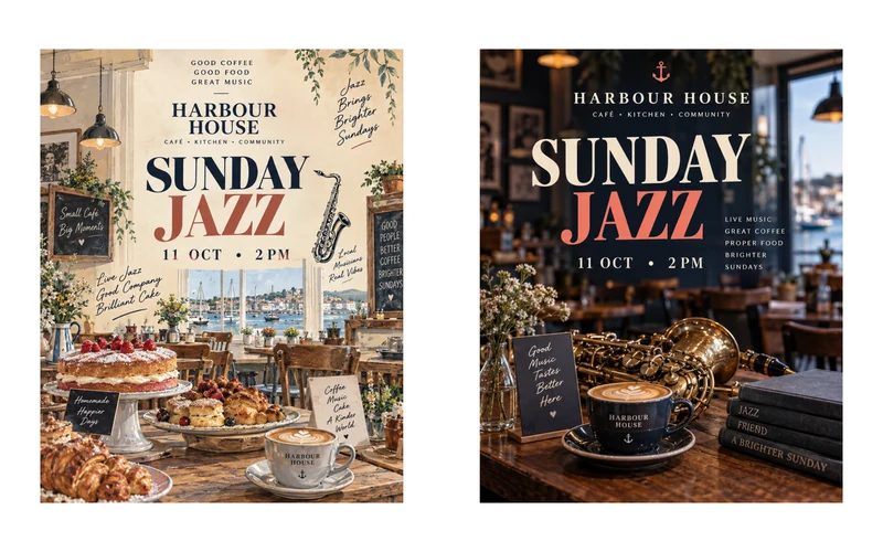 Example pair of Sunday Jazz café flyers for Harbour House