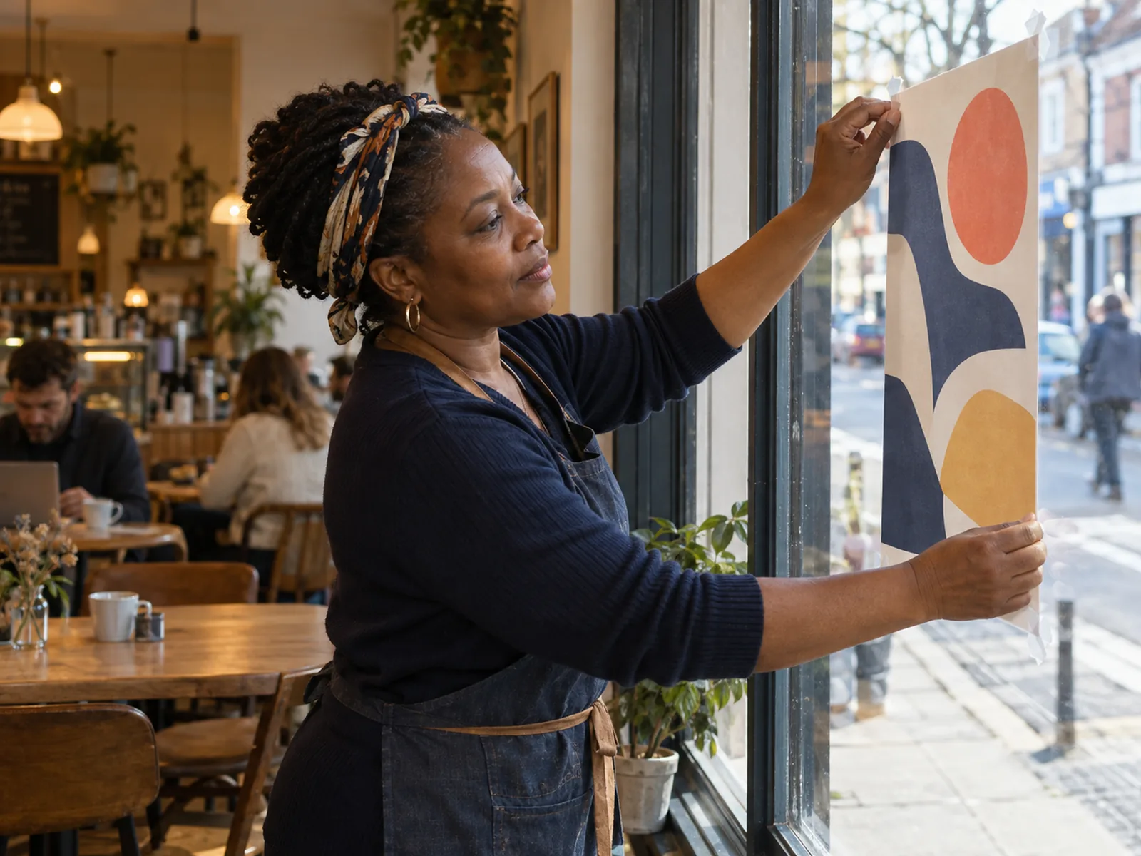 Woman in a headscarf and apron fixing an abstract poster to a café window from inside