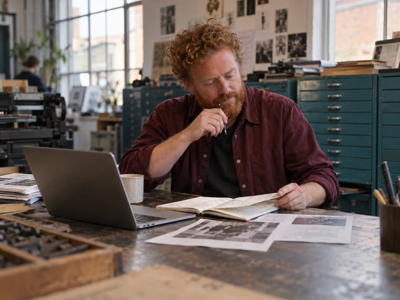 Man with a curly ginger beard reading a notebook beside a laptop in a print studio