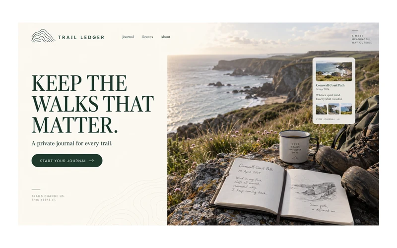 Example TrailLedger homepage reading Keep the walks that matter