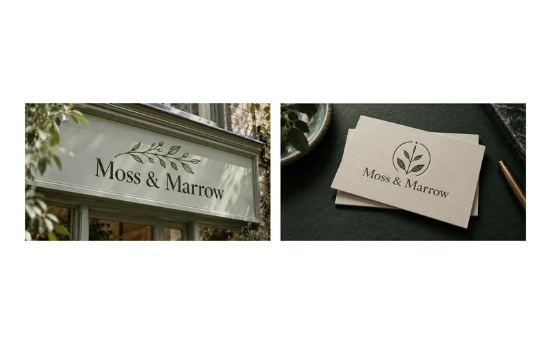 Example pair of Moss & Marrow plant shop logos on a sign and a business card