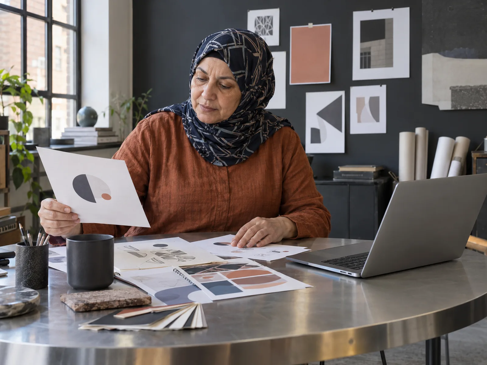 Woman in a navy headscarf reviewing printed logo sketches at a round table in a design studio