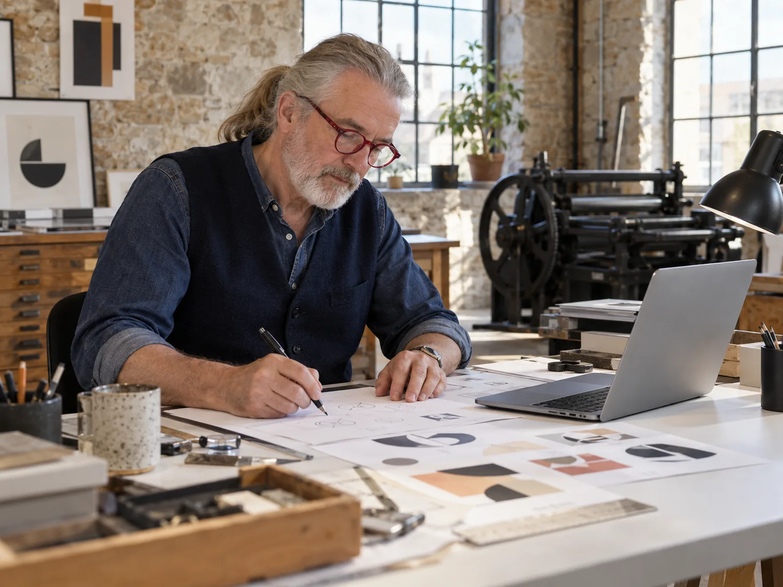 Man with a grey ponytail and red glasses sketching logos at a white workbench