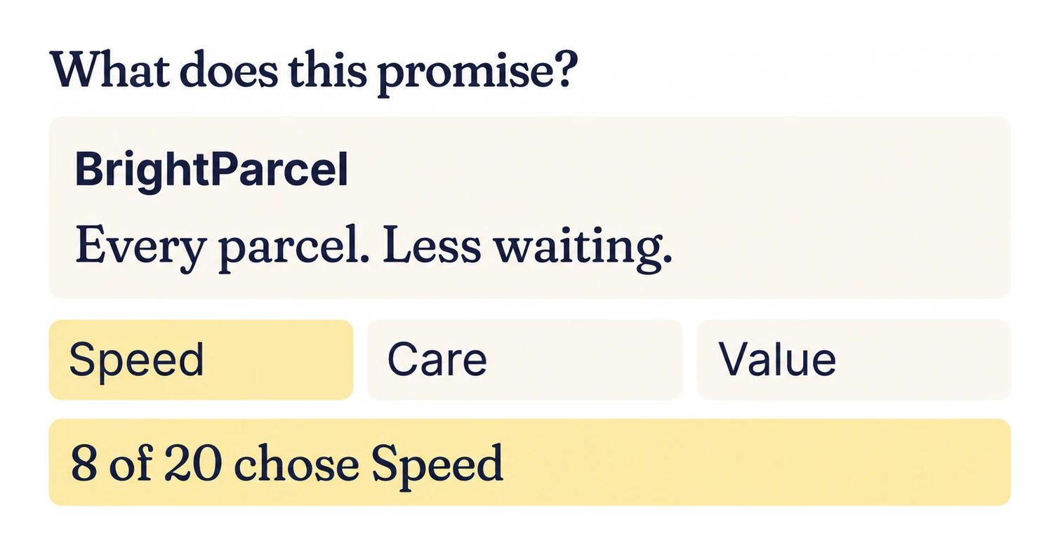 Example copy test: What does this promise? BrightParcel, Every parcel. Less waiting; 8 of 20 chose Speed