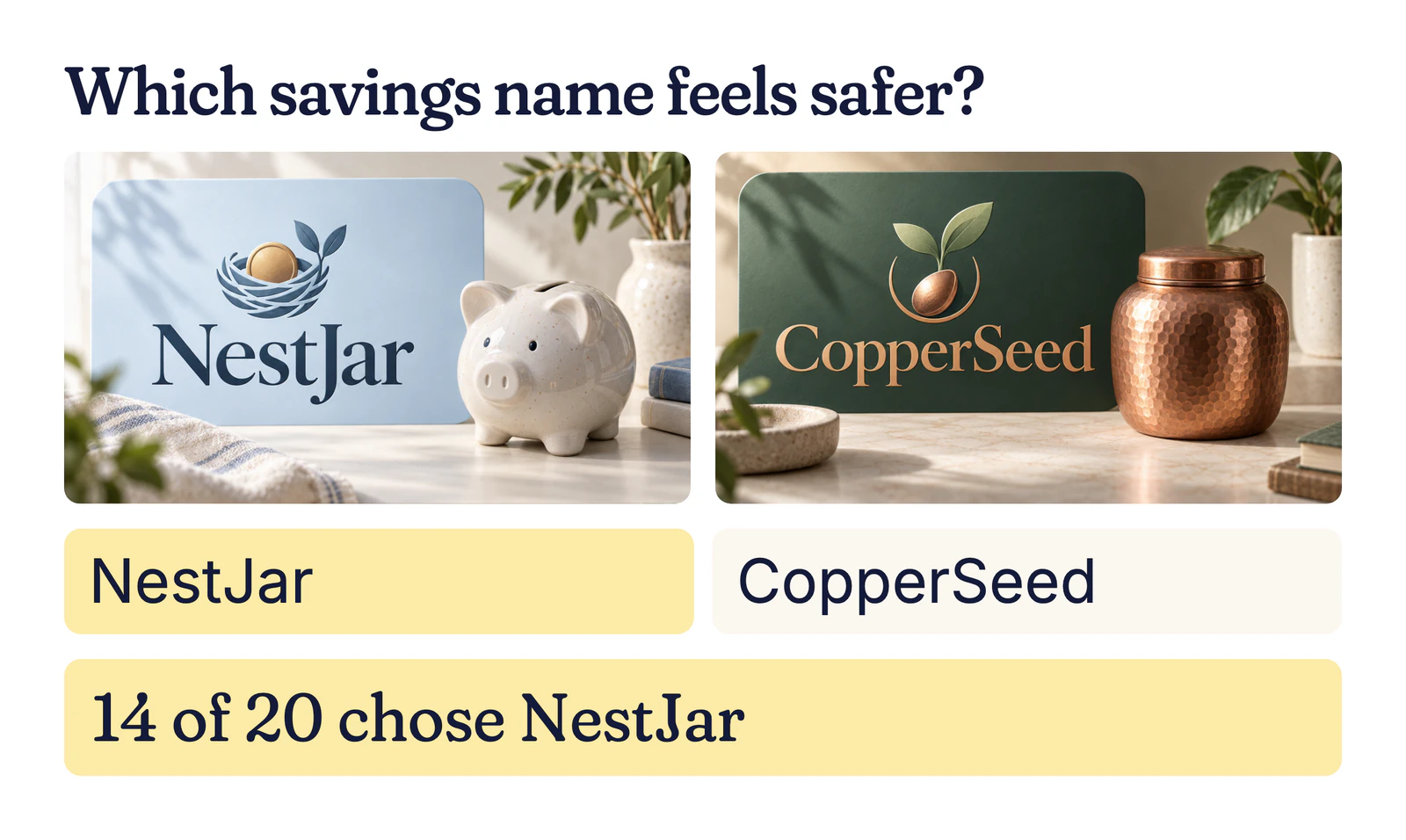 Example name test: NestJar and CopperSeed savings brand cards, a piggy bank and a copper jar; 14 of 20 chose NestJar