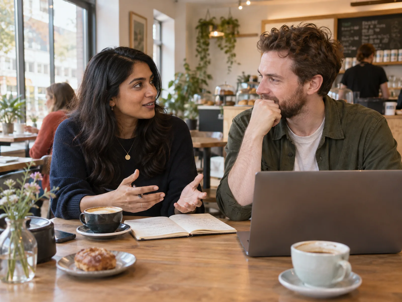 Two people talking over coffee and a notebook at a café table with a laptop
