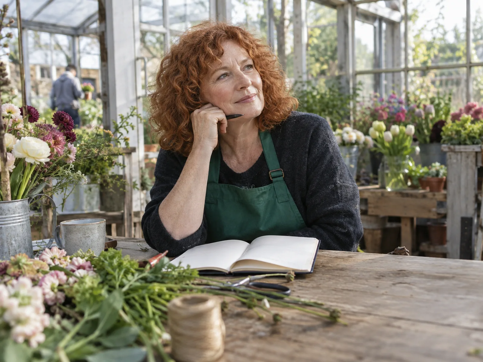 Florist with red curly hair thinking beside an open notebook at a greenhouse potting bench