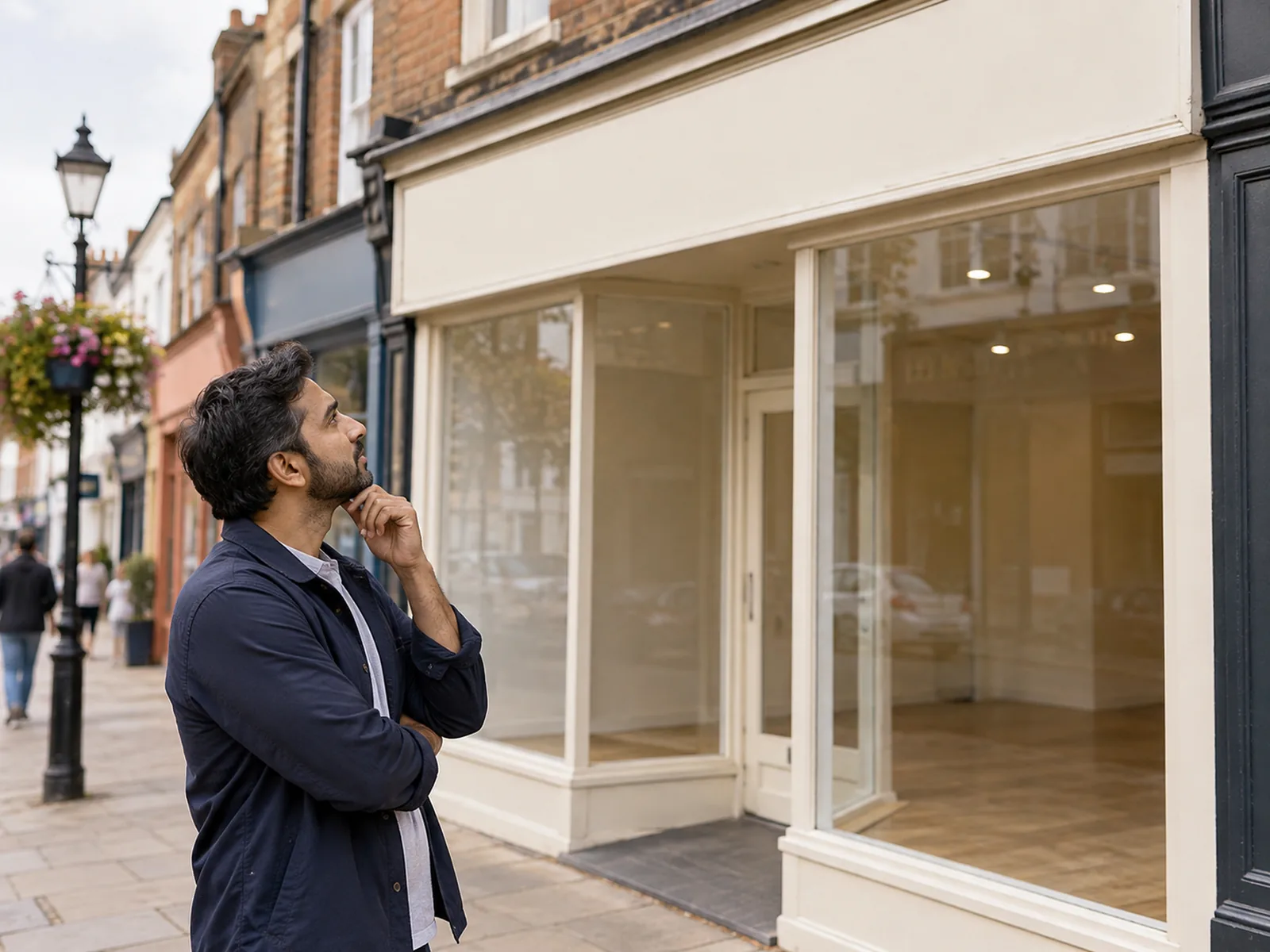 Man in a dark jacket looking up at a blank sign above an empty shopfront