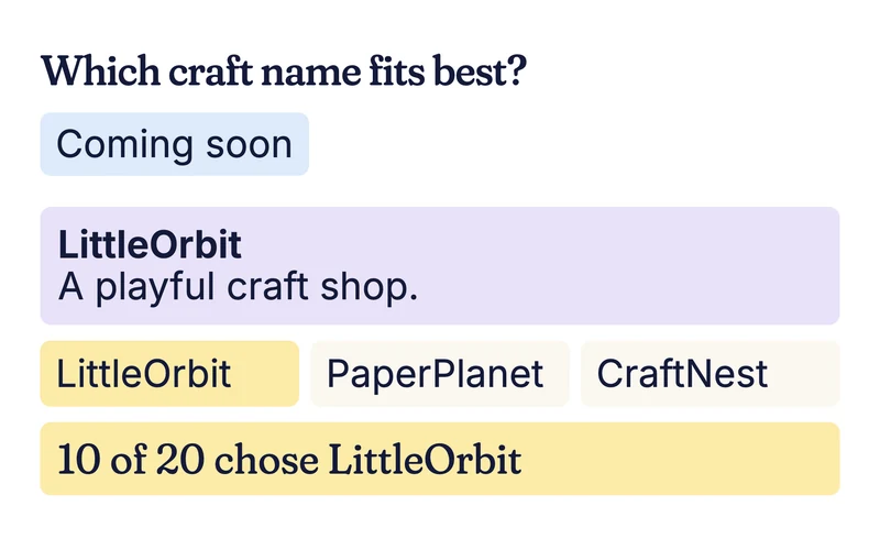 Example craft shop naming brief with three names, marked Coming soon