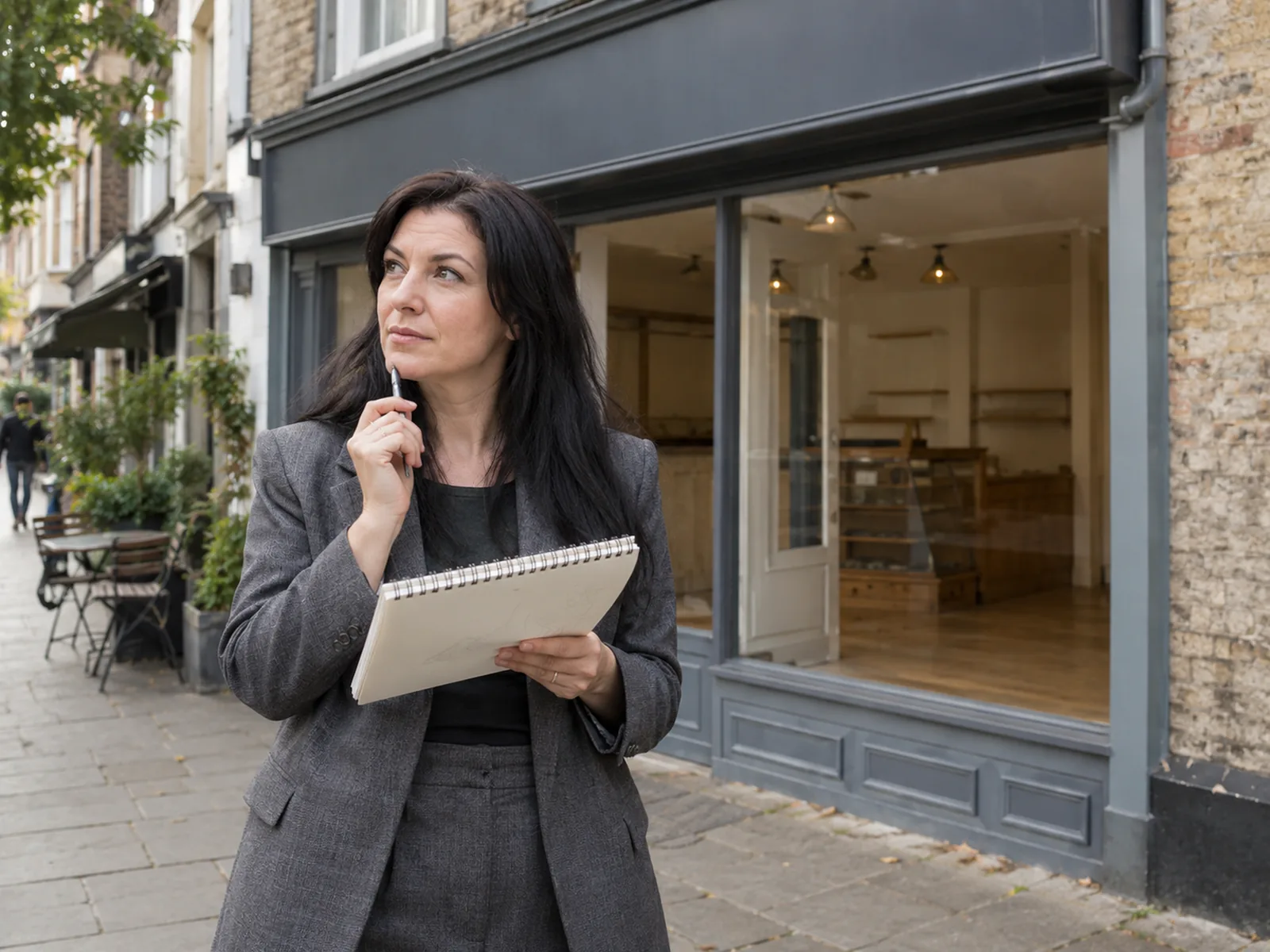Woman in a grey suit holding a sketchbook outside an empty shopfront with a blank sign
