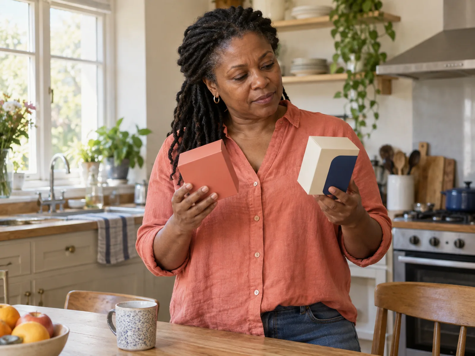 Woman with long locs in a coral shirt comparing two small boxes in a kitchen
