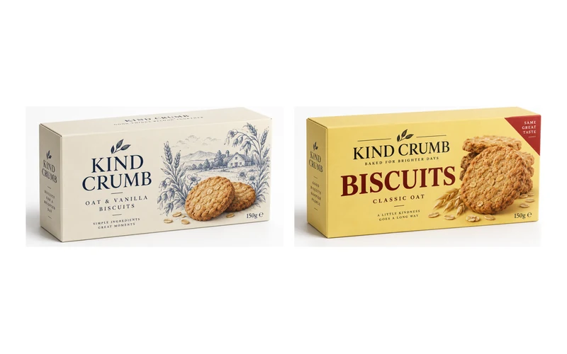 Example pair of KindCrumb biscuit boxes, cream and yellow