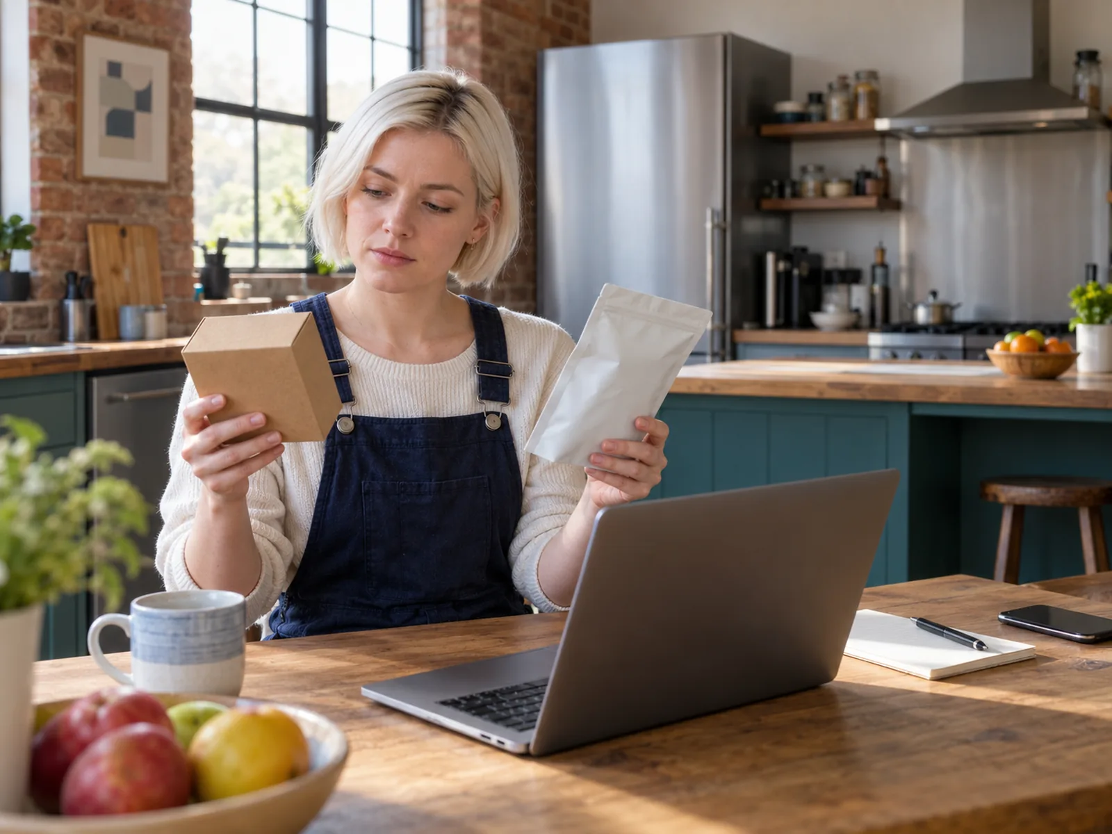 Woman with a platinum bob holding two packaging samples beside a laptop in a loft kitchen