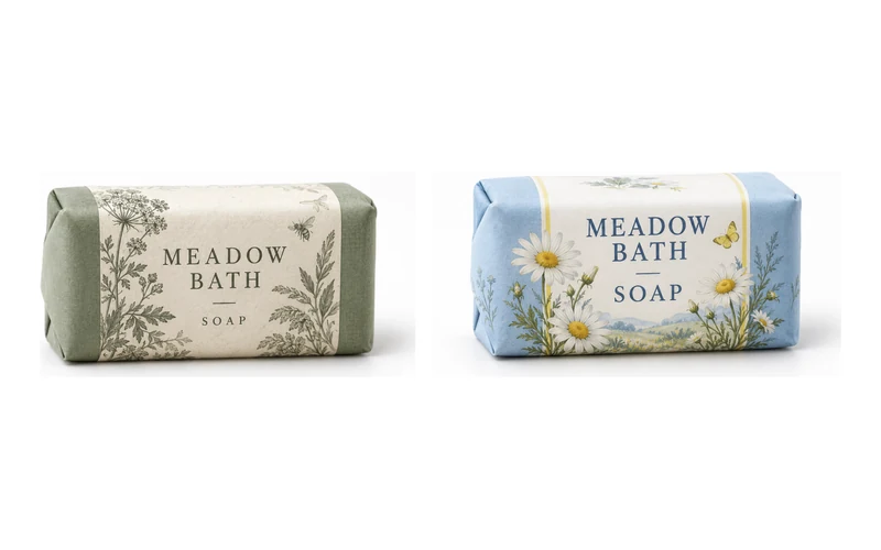 Example pair of Meadow Bath soap wrappers, sage green and pale blue