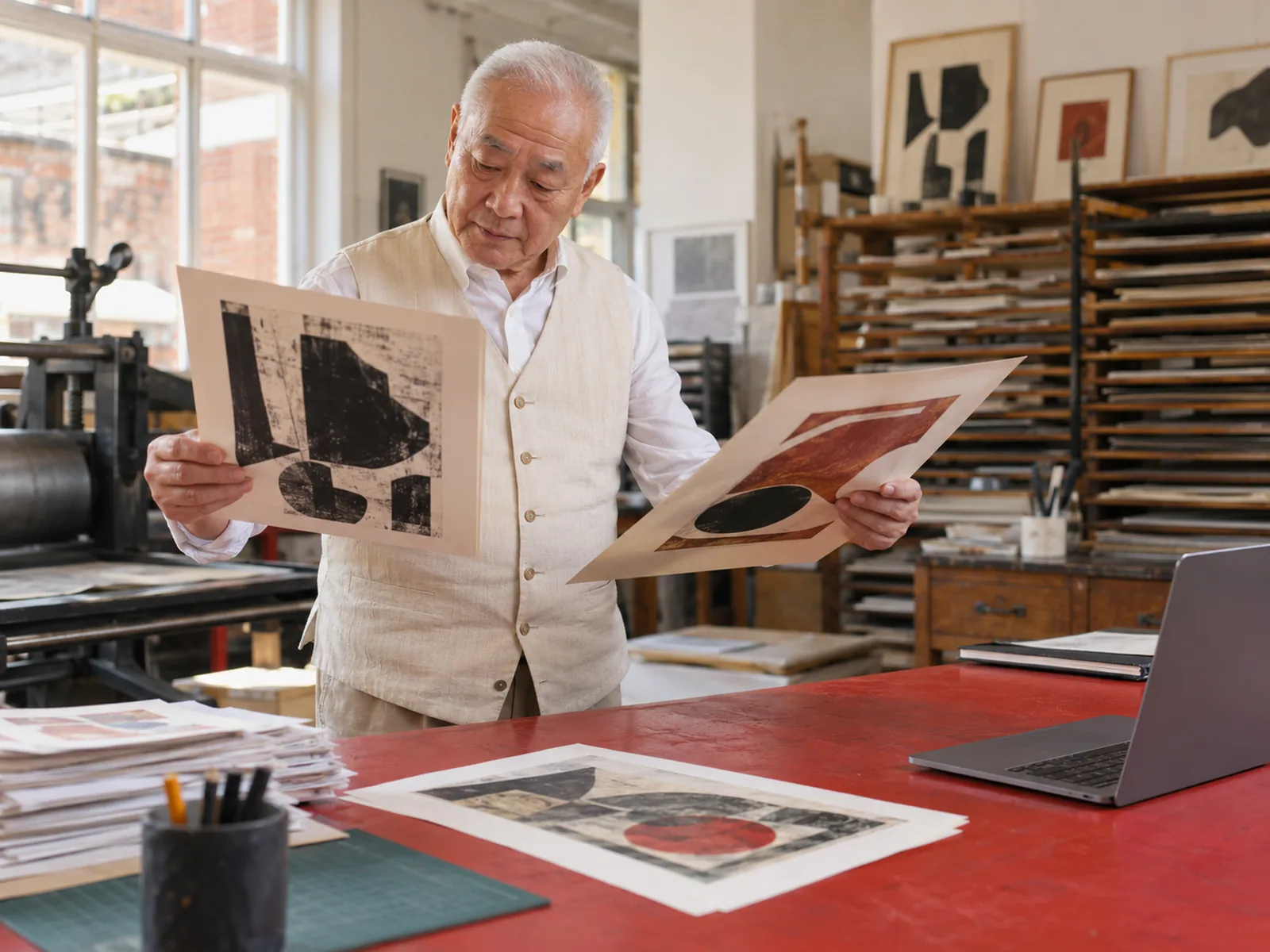 Older man in a cream waistcoat comparing two abstract prints at a red worktable in a printshop